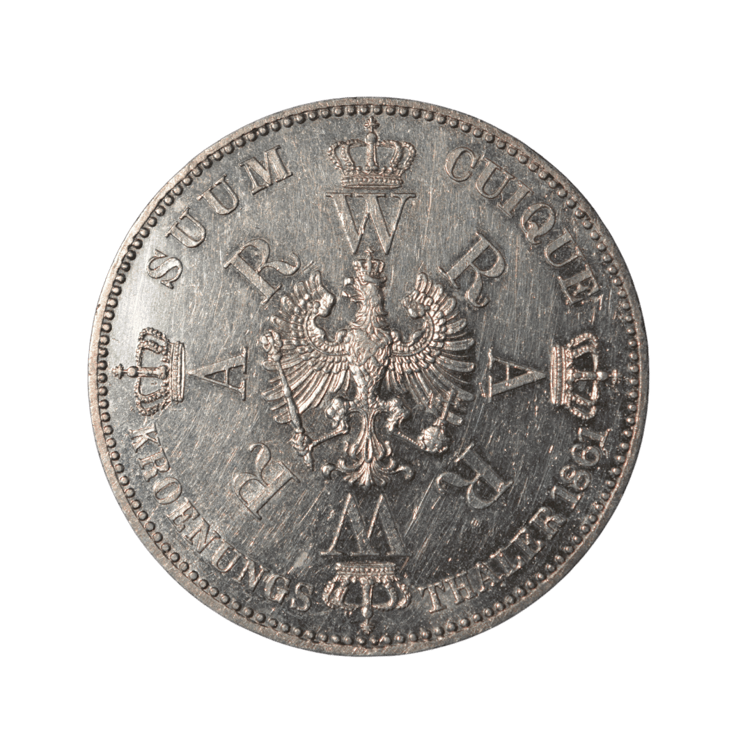 1. 1 Коронационный талер (Krönungsthaler)
2. Пруссия (Королевство Пруссия)
3. Берлин (A)
4. серебро 0.900 (VF–XF по фото)
5. 18,52 г + 16,67 г чистого серебра (ASW 0.536 oz)
6. 1 000 000 шт.
7. Памятный талер, выпущенный по случаю коронации короля Вильгельма I и королевы Августы в Кёнигсберге 2 октября 1861 года. На аверсе — совместные профили супругов в коронах, на реверсе — имперский орёл с девизом «Suum Cuique» («Каждому своё»)
8. По справочнику AKS 39 (2024) и Krause KM#488:

VF: 90–140 €
XF: 180–260 €
UNC: от 380 € и выше
9. 1861 год, относительно распространённый памятный талер
10. Тираж: 1 000 000 шт. По AKS 39 (2024) и Krause — обычная редкость (R1). Несмотря на большой тираж, экземпляры в хорошем состоянии (XF+) с чётким рельефом портретов ценятся коллекционерами выше среднего. — фото 2