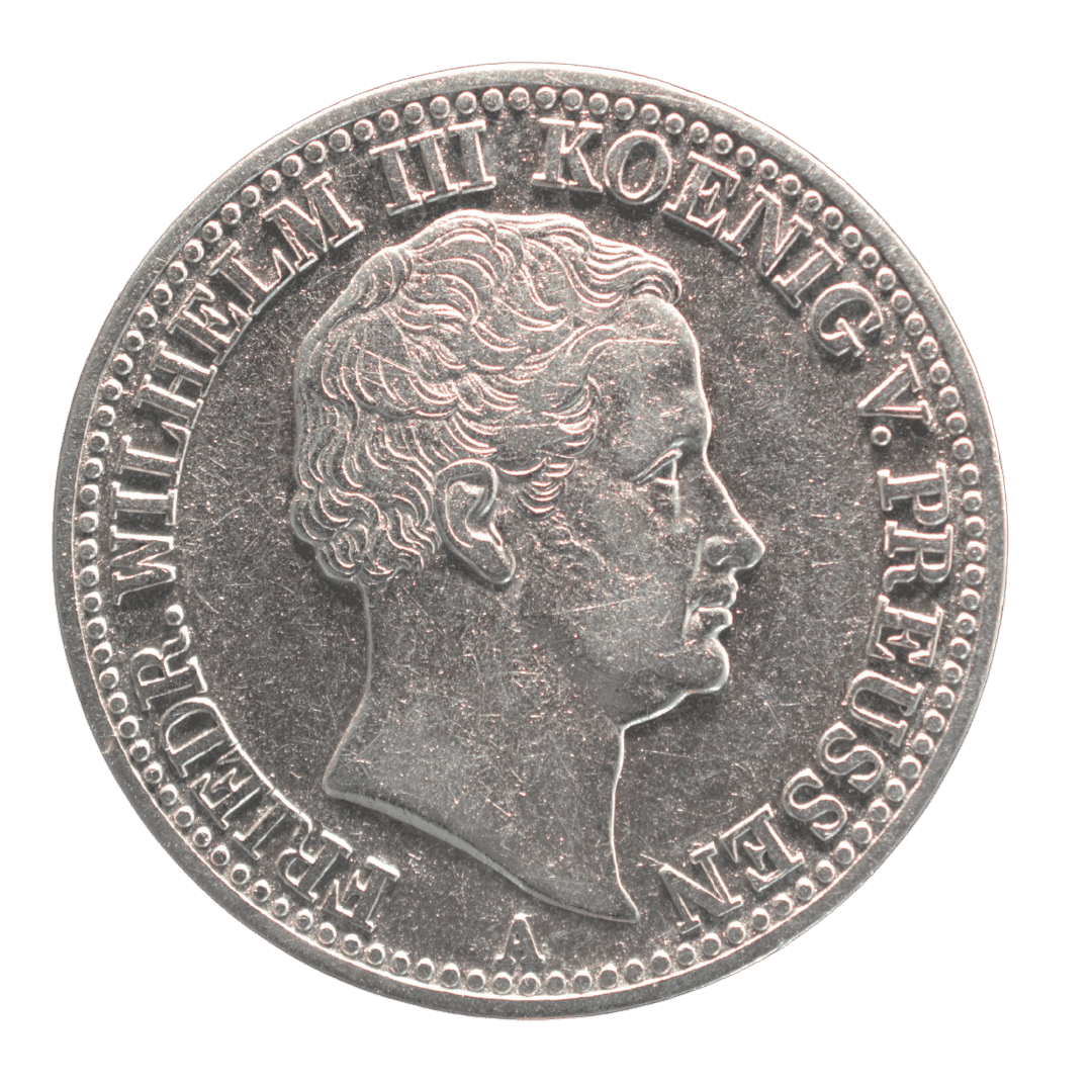 1 талер 1833 A «Segen des Mansfelder Bergbaues», Пруссія

Характеристики:

* Номінал: 1 талер
* Рік: 1833
* Країна: Пруссія
* Регіон (якщо є): Королівство Пруссія
* Правитель: Фрідріх Вільгельм III
* Монетний двір: Берлін (позначка A)
* Метал: срібло
* Проба: 750
* Вага: 22,272 г
* Діаметр: невідомо
* Товщина: невідомо
* Гурт: напис «GOTT MIT UNS»