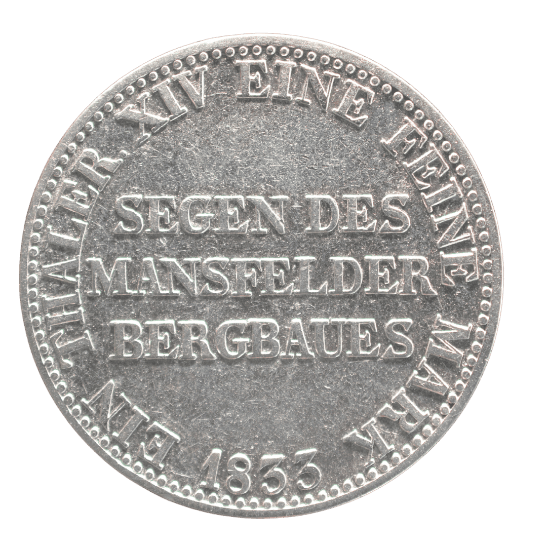1 талер 1833 A «Segen des Mansfelder Bergbaues», Пруссія

Характеристики:

* Номінал: 1 талер
* Рік: 1833
* Країна: Пруссія
* Регіон (якщо є): Королівство Пруссія
* Правитель: Фрідріх Вільгельм III
* Монетний двір: Берлін (позначка A)
* Метал: срібло
* Проба: 750
* Вага: 22,272 г
* Діаметр: невідомо
* Товщина: невідомо
* Гурт: напис «GOTT MIT UNS» — фото 2