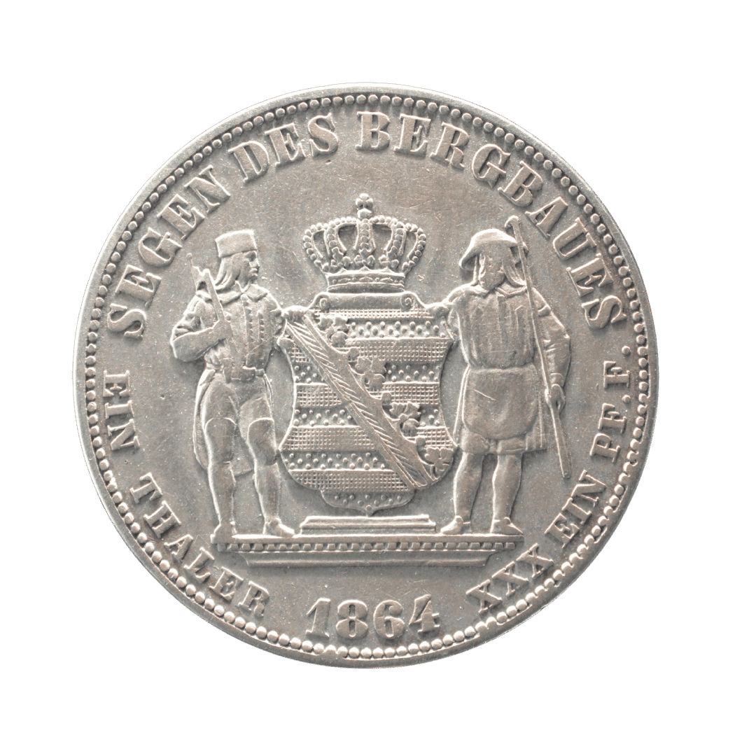 1 талер 1864 B «Segen des Bergbaues», Королівство Саксонія

Характеристики:

* Номінал: 1 талер
* Рік: 1864
* Країна: Королівство Саксонія
* Регіон (якщо є):
* Правитель: Йоганн
* Монетний двір: Дрезден (позначка B)
* Метал: срібло
* Проба: 900
* Вага: 18,52 г
* Діаметр: 33 мм
* Товщина:
* Гурт: напис «GOTT SEGNE SACHSEN»
* Тираж: 120 000
* Каталожний номер: KM# 1214 — фото 2