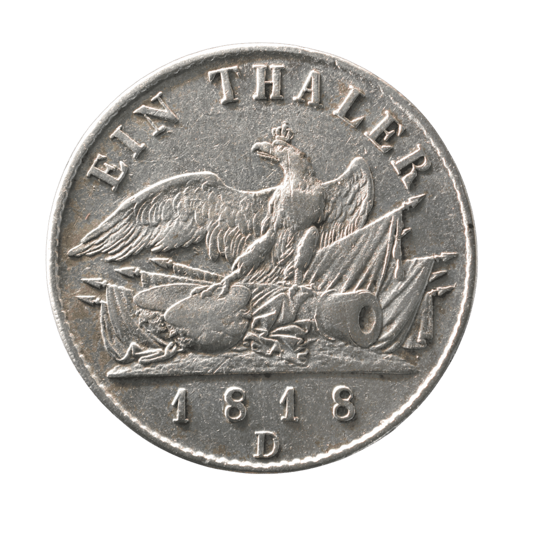 1 талер 1818 D, Королівство Пруссія

Характеристики:

* Номінал: 1 талер
* Рік: 1818
* Країна: Королівство Пруссія
* Регіон (якщо є):
* Правитель: Фрідріх Вільгельм III
* Монетний двір: Дюссельдорф (позначка D)
* Метал: срібло
* Проба: 750
* Вага: 22,272 г
* Діаметр: 34,5 мм
* Товщина:
* Гурт: напис «GOTT MIT UNS»
* Тираж: невідомо
* Каталожний номер: KM# 396 — фото 2