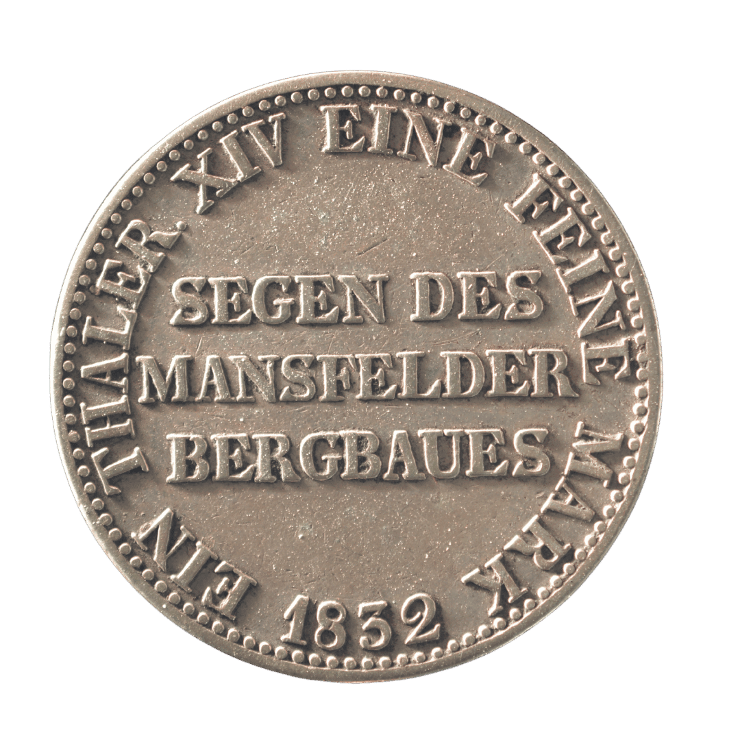 1 талер 1852 A «Segen des Mansfelder Bergbaues», Королівство Пруссія

Характеристики:

* Номінал: 1 талер
* Рік: 1852
* Країна: Королівство Пруссія
* Регіон (якщо є): Мансфельд
* Правитель: Фрідріх Вільгельм IV
* Монетний двір: Берлін (позначка A)
* Метал: срібло
* Проба: 750
* Вага: 22,272 г
* Діаметр: 33 мм
* Товщина: невідомо
* Гурт: напис «GOTT MIT UNS»
* Тираж: невідомо
* Каталожний номер: KM# 449 — фото 2