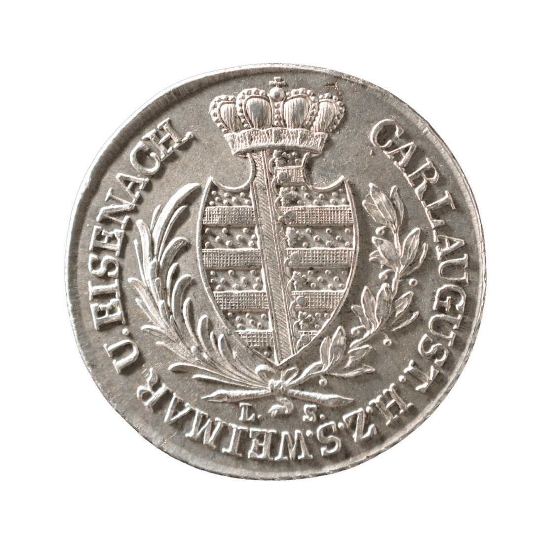 1/2 талера 1813, Саксен-Веймар-Айзенах

Характеристики:

* Номінал: 1/2 талера
* Рік: 1813
* Країна: Велике герцогство Саксен-Веймар-Айзенах
* Правитель: Карл Август
* Монетний двір: Айзенах
* Метал: срібло
* Проба: 833
* Вага: 14,03 г
* Діаметр: 33 мм — фото 2