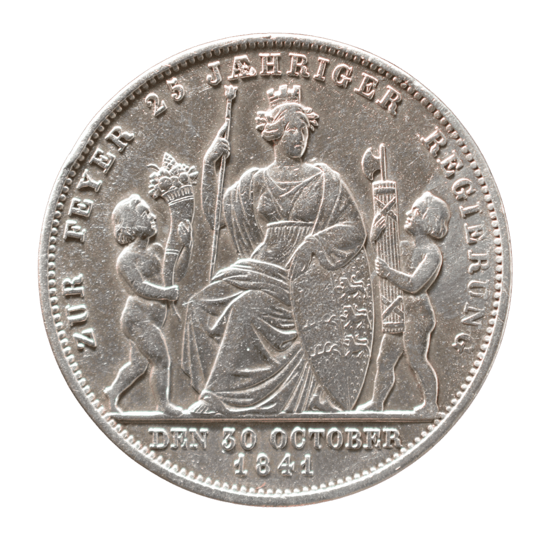 Талер 1841 «25-річчя правління Вільгельма I», Королівство Вюртемберг

Характеристики:

* Номінал: 1 талер
* Рік: 1841
* Країна: Королівство Вюртемберг
* Правитель: Вільгельм I
* Монетний двір: Штутгарт
* Метал: срібло
* Проба: 750
* Вага: 22,27 г
* Діаметр: 33 мм
* Гурт: напис
* Тираж: не встановлен — фото 2