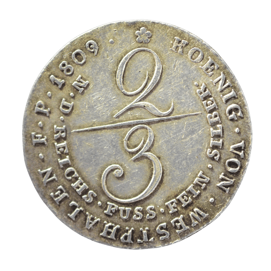 2/3 талера, 1809, Королівство Вестфалія

Короткий опис:
Срібна монета номіналом 2/3 талера, викарбувана у 1809 році в Королівстві Вестфалія за правління Жерома Наполеона (Jérôme Bonaparte), молодшого брата Наполеона I. На аверсі зображено портрет короля, на реверсі — позначення номіналу 2/3 та напис про монетну стопу.

Характеристики:

* Номінал: 2/3 талера
* Рік: 1809
* Країна: Королівство Вестфалія
* Правитель: Жером Наполеон (Jérôme Bonaparte)
* Монетний двір: Кассель (літера C)
* Метал: срібло
* Проба: 750
* Вага: 14,04 г
* Діаметр: 33 мм
* Гурт: напис
* Тираж: 183 885 екземплярів. — фото 2