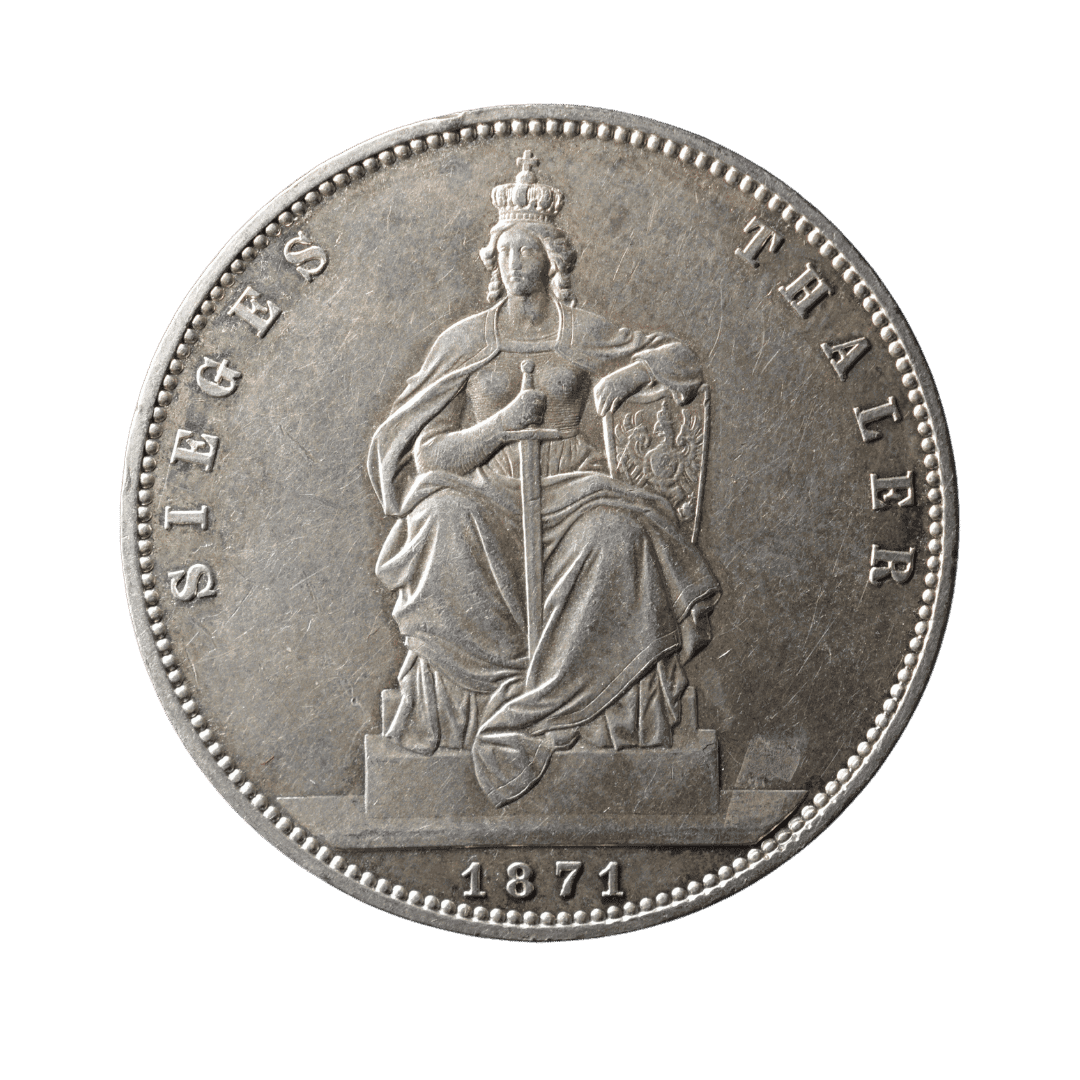 1 Зигенталер (Siegesthaler) 1871 A, Пруссия

Краткое описание:
Серебряный памятный талер Королевства Пруссия, отчеканенный в честь победы над Францией во Франко-прусской войне 1870–1871 годов. На реверсе изображена сидящая аллегория Пруссии (Borussia) с мечом и щитом — один из самых узнаваемых немецких талеров XIX века. Монета посвящена событию, которое привело к объединению Германии и провозглашению Германской империи.  

Характеристики:

* Номинал: 1 талер (Siegesthaler)
* Год: 1871
* Страна: Королевство Пруссия
* Правитель: Вильгельм I
* Монетный двор: Берлин (A)
* Металл: серебро
* Проба: 900
* Вес: 18,52 г
* Диаметр: 33 мм
* Гурт: вдавленная надпись GOTT MIT UNS
* Тираж: 880 000 шт. — фото 2