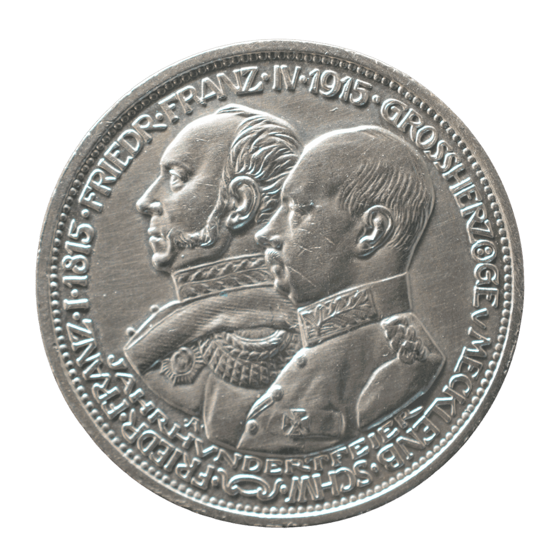 3 марки 1915 A, 100-летие Великого герцогства Мекленбург-Шверин

Краткое описание:
Серебряная памятная монета Германской империи, выпущенная Великим герцогством Мекленбург-Шверин в 1915 году в честь 100-летия образования Великого герцогства (1815–1915). На аверсе изображены обращённые влево портреты первого великого герцога Фридриха Франца I и правившего в момент выпуска Фридриха Франца IV. На реверсе помещён имперский орёл Германской империи. Монета отчеканена на Берлинском монетном дворе.  

Характеристики:

* Номинал: 3 марки
* Год: 1915
* Страна: Германская империя (Великое герцогство Мекленбург-Шверин)
* Правитель: Фридрих Франц IV
* Монетный двор: Берлин (A)
* Повод выпуска: 100-летие Великого герцогства Мекленбург-Шверин
* Металл: серебро
* Проба: 900
* Вес: 16,67 г
* Диаметр: 33 мм
* Гурт: GOTT MIT UNS («З нами Бог»)
* Тираж: 33 334 🔥