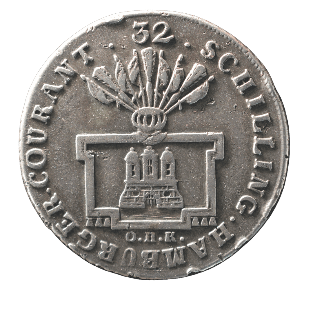 32 шилінги (Schilling Courant), 1795

Вільне ганзейське місто Гамбург (Hamburg), за правління імператора Франца II

Короткий опис

Срібна торгова монета номіналом 32 шилінги (Schilling Courant), викарбувана у 1795 році для Вільного імперського міста Гамбург. Незважаючи на портрет відсутній, на монеті згадується імператор Франц II як формальний сюзерен Священної Римської імперії. Монета належить до гамбурзької монетної системи «Courant».

⸻

Характеристики

* Номінал: 32 Schilling Courant
* Рік: 1795
* Країна: Вільне імперське місто Гамбург
* Правитель: Франц II (1792–1806)
* Монетний двір: Гамбург
* Метал: срібло
* Проба: 750
* Вага: близько 19,49 г
* Діаметр: близько 36 мм