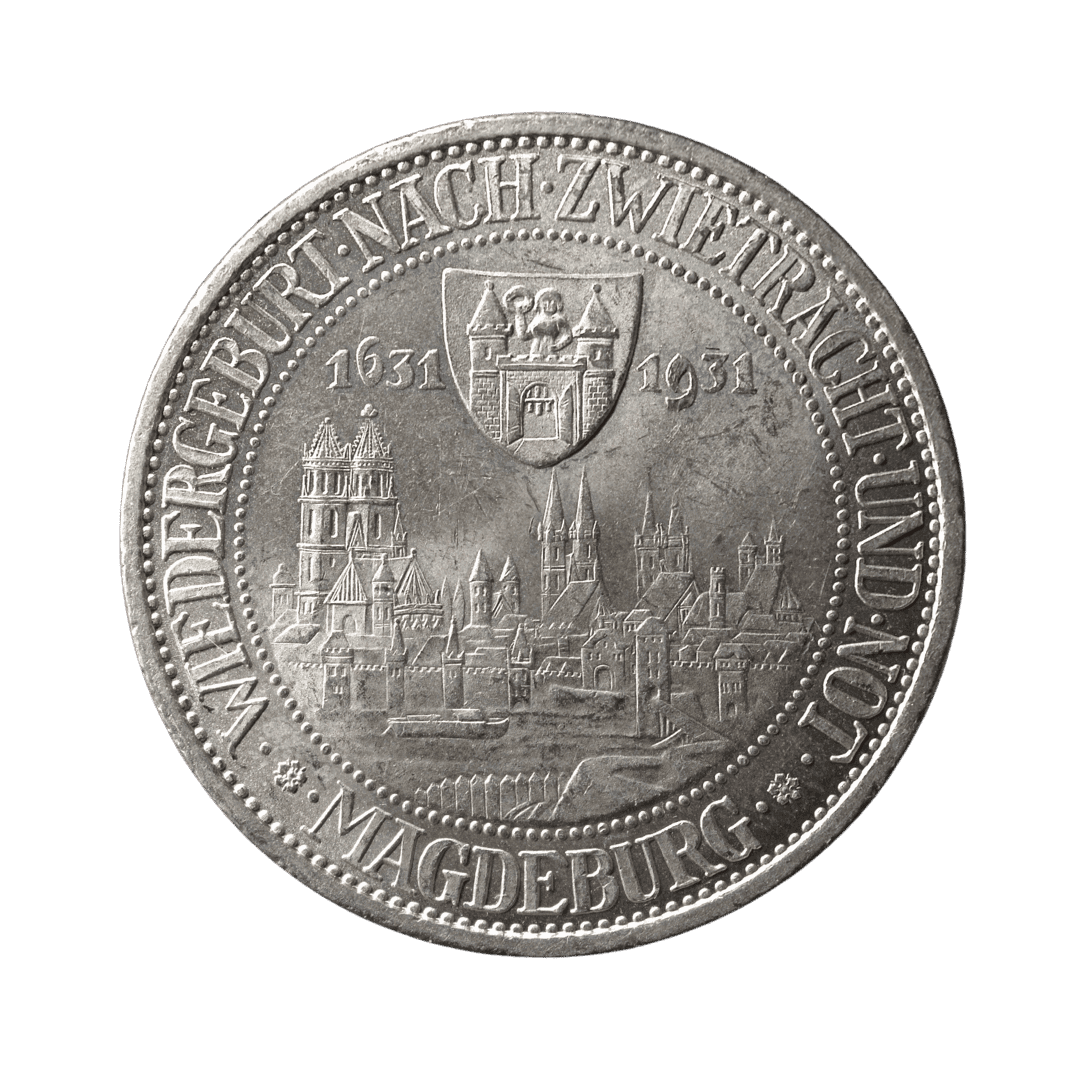 3 рейхсмарки 1931 A — 300-річчя відродження Магдебурга

Характеристики

* Номінал: 3 рейхсмарки
* Рік: 1931
* Держава: Веймарська республіка
* Державне утворення: Вільна держава Пруссія (Freistaat Preußen)
* Подія: 300-річчя відродження Магдебурга після руйнування під час Тридцятилітньої війни (1631–1931)
* Монетний двір: Берлін (A)
* Метал: срібло
* Проба: 500
* Вага: 15,00 г
* Діаметр: 30,0 мм
* Гурт: GEMEINNUTZ GEHT VOR EIGENNUTZ («Загальне благо понад особисту вигоду»)
* Тираж: 100 000 шт.