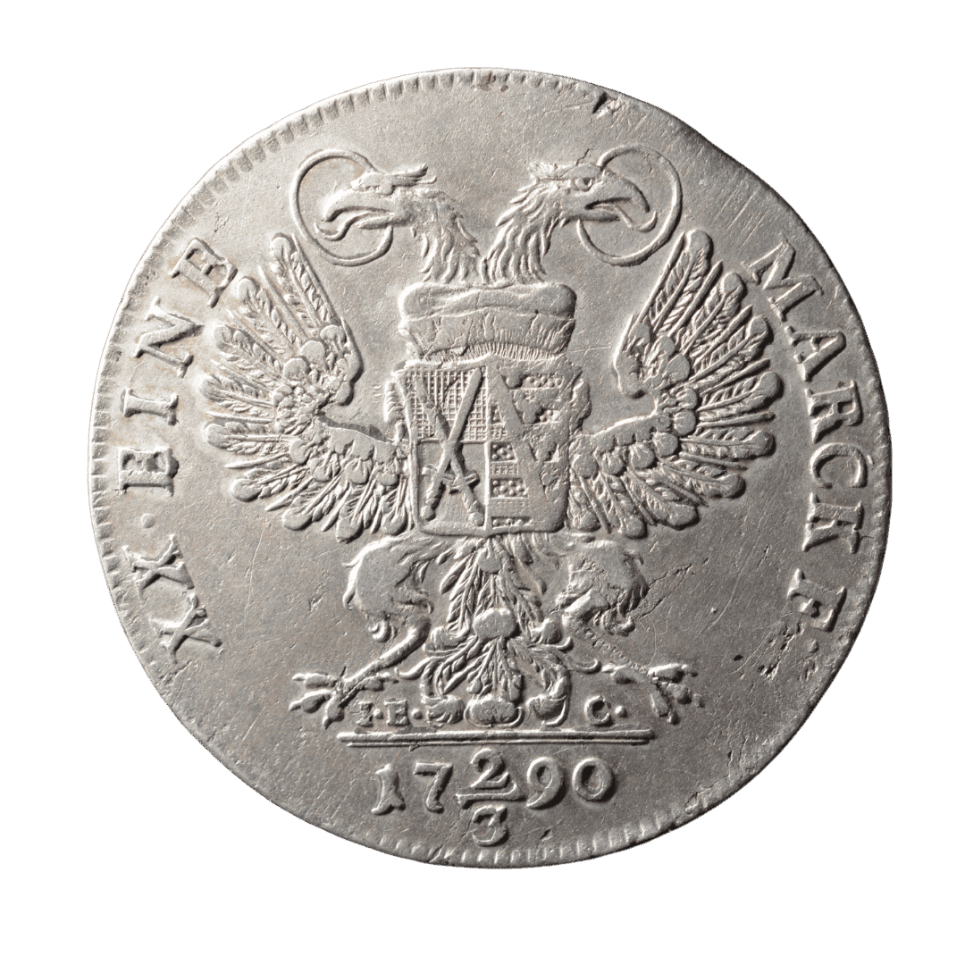 2/3 талера (Konventionstaler) 1790 — Курфюрство Саксонія

Характеристики:

* Країна: Священна Римська імперія
* Державне утворення: Курфюрство Саксонія
* Номінал: 2/3 талера (Konventionstaler)
* Рік: 1790
* Правитель: Фрідріх Август III (курфюрст Саксонії)
* Метал: срібло
* Монетний двір: Дрезден (позначення E.D.C.)
* Гурт: напис (залежно від різновиду)

Короткий опис:
Срібна монета Курфюрства Саксонія часів Фрідріха Августа III. На монеті зображено портрет курфюрста та імперського вікарія, а на звороті — двоголового імперського орла з саксонським гербом на грудях. По колу розміщено легенду FRID·AUG·D·G·DVX·SAX·S·R·I·ELECTOR & VICARIUS («Фрідріх Август, Божою милістю герцог Саксонії, курфюрст і імперський вікарій»). На реверсі напис XX EINE MARCK («20 монет із однієї кельнської марки срібла»), що вказує на монетну стопу. — фото 2