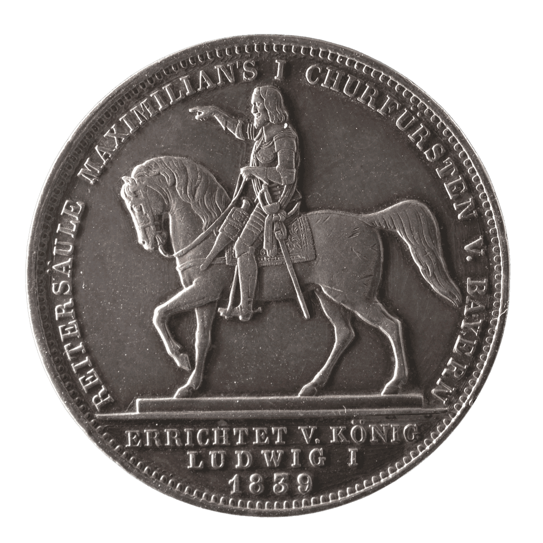 1 Geschichtstaler, 1839, Ludwig I.] МД — München (без знака) ✅
— Страна: Королевство Бавария (Kingdom of Bavaria, German States)
— Номинал: 1 Thaler (Geschichtstaler)
— Год: 1839
— Правитель: Ludwig I (Ludwig I), König von Bayern (1825–1848)
— Материал: Серебро 900/1000 (0.900)
— Вес: ~29.5 г (стандарт для баварского талера того периода)
— Диаметр: ~38–39 мм
— Монетный двор: München (Мюнхен)
— Тираж: Не указан точно в доступных источниках (коммеморативный, ограниченный выпуск)
На что обратить внимание:
Коммеморативная монета в честь открытия/возведения конной статуи (Reitersäule) курфюрста Максимилиана I в Мюнхене по инициативе короля Людвига I. Реверс изображает статую курфюрста на коне. Это часть серии Geschichtstaler Людвига I, посвященных важным событиям и памятникам Баварии. . — фото 2