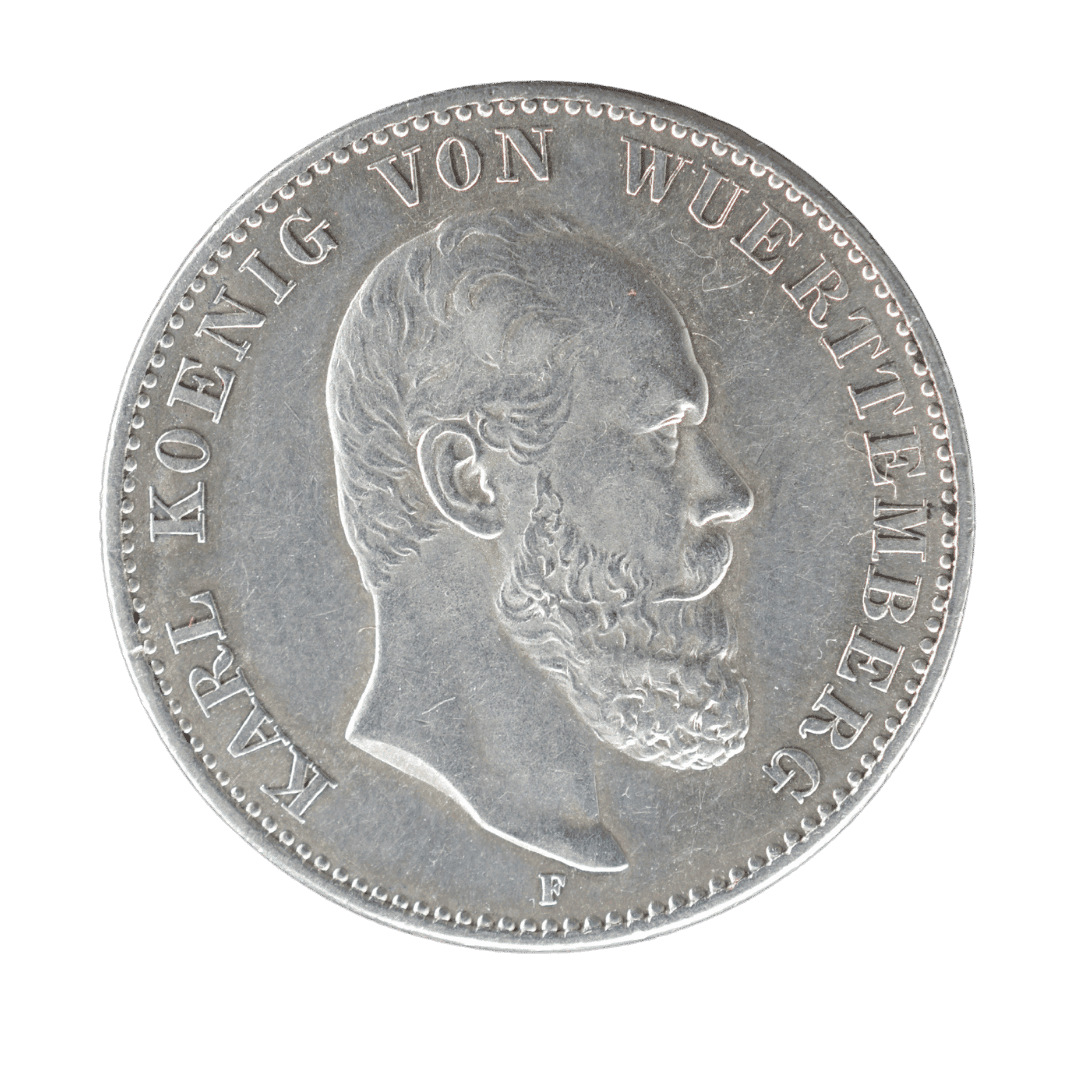 2 марки, Вюртемберг, 1876

Характеристики:

* Країна: Німецька імперія
* Державне утворення: Королівство Вюртемберг
* Номінал: 2 марки
* Рік: 1876
* Правитель: Карл I
* Монетний двір: Штутгарт (F)
* Метал: срібло 900
* Маса: 11,11 г
* Діаметр: 28 мм
* Гурт: рифлений
* Тираж: 1 550 014 шт.  

Опис:
Срібна монета Королівства Вюртемберг часів правління короля Карла I. На аверсі зображений портрет короля праворуч із написом KARL KOENIG VON WUERTTEMBERG («Карл, король Вюртемберга»). На реверсі — імперський орел Німецької імперії під короною, напис DEUTSCHES REICH («Німецька імперія»), дата 1876 та номінал ZWEI MARK («Дві марки»).