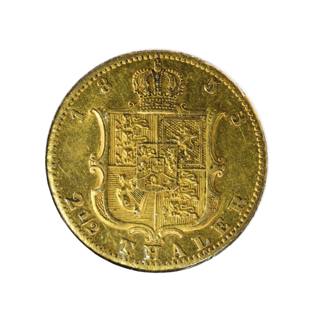 2½ талера, Ганновер, 1853

Характеристики:

* Країна: Королівство Ганновер
* Номінал: 2½ талера
* Рік: 1853
* Правитель: Георг V
* Монетний двір: Ганновер (B)
* Метал: золото 896
* Маса: 3,32 г
* Діаметр: 18 мм
* Гурт: рифлений
* Тираж: не встановлений (у авторитетних каталогах Jaeger, AKS, Krause та NGC дані про тираж відсутні).  

Опис:
Золота монета Королівства Ганновер часів правління Георга V. На аверсі — портрет короля праворуч із легендою GEORG V. G.G. KOENIG V. HANNOVER («Георг V, Божою милістю король Ганновера»). На реверсі — коронований герб Королівства Ганновер, дата 1853 та номінал 2½ THALER. — фото 2