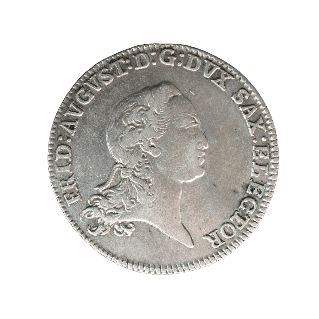 Саксонія 2/3 талера 1769 EDC — Фрідріх Август III

Опис:
Срібна монета курфюрства Саксонія періоду правління Фрідріха Августа III. На аверсі — портрет правителя, на реверсі — герби курфюрства та Саксонії під курфюрстською короною.

Характеристики:
Країна: Саксонія
Державне утворення: Курфюрство Саксонія
Номінал: 2/3 талера
Рік: 1769
Правитель: Фрідріх Август III
Монетний двір: Дрезден
Мінцмейстер: Ernst Dietrich Croll (EDC)
Метал: срібло (0,833)
Вага: 14,03 г