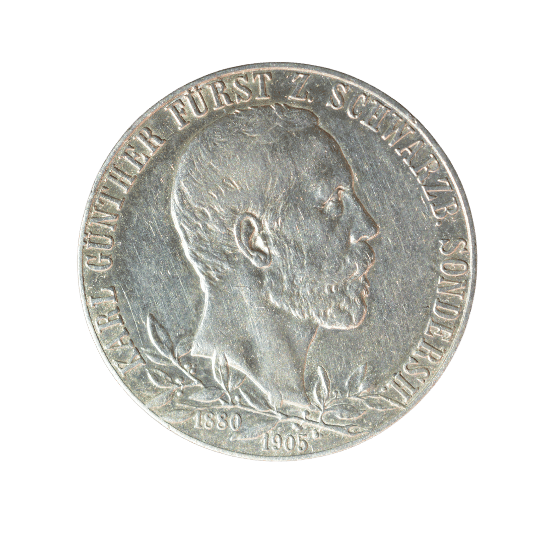 2 марки 1905 A — Шварцбург-Зондерсгаузен

Опис:
Пам’ятна срібна монета князівства Шварцбург-Зондерсгаузен, випущена до 25-річчя правління князя Карла Гюнтера (1880–1905).

Характеристики:
Номінал: 2 марки
Рік: 1905
Князівство: Шварцбург-Зондерсгаузен
Правитель: Карл Гюнтер
Монетний двір: Берлін
Позначення монетного двору: A
Метал: срібло (900 проба)
Вага: 11,11 г
Діаметр: 28 мм
Тираж: 62 500 шт.


Нумізматична примітка: Пам’ятна монета з відносно невеликим тиражем. Не належить до рядових масових випусків Німецької імперії та має підвищений нумізматичний інтерес.