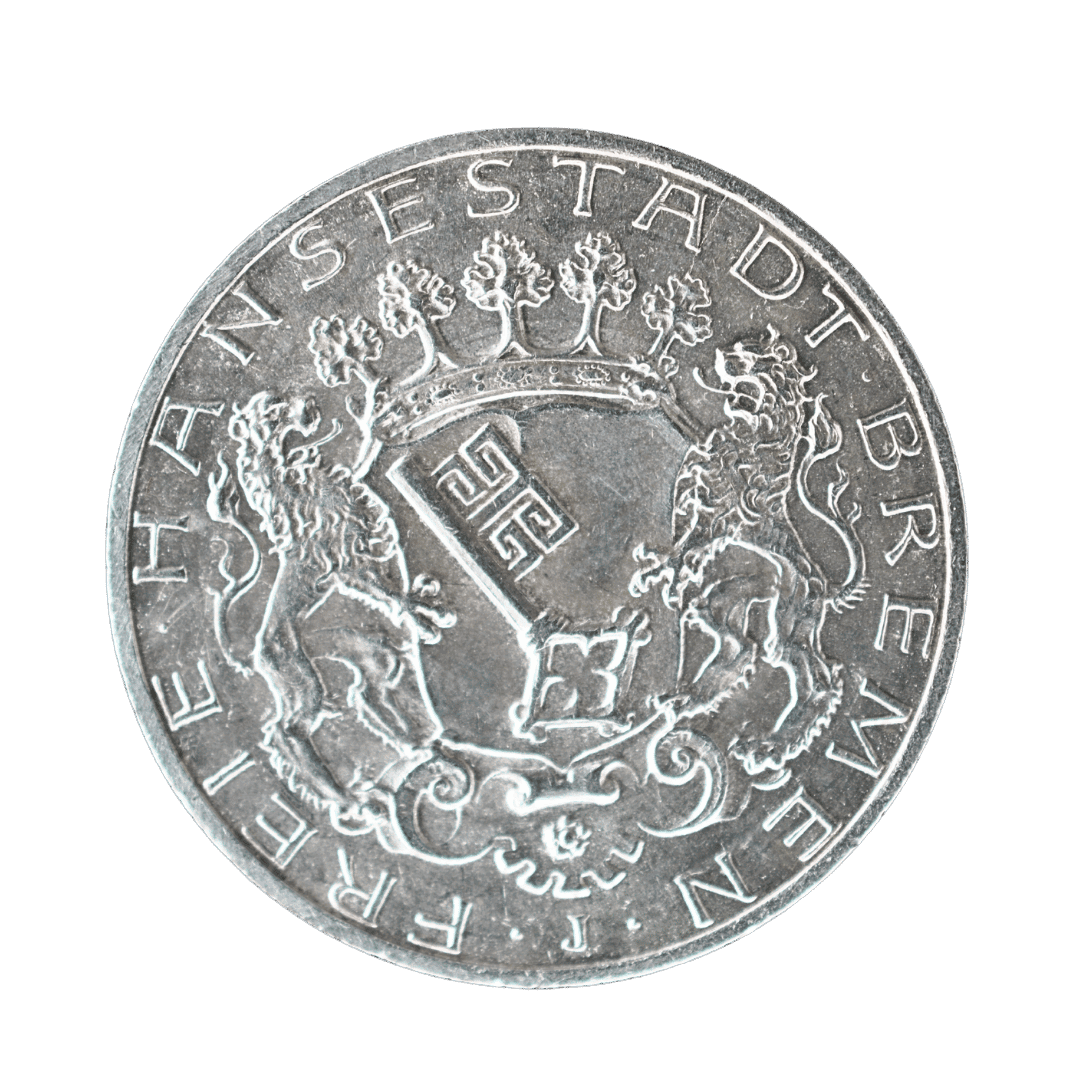 2 марки 1904 J — Freie Hansestadt Bremen (Вільне ганзейське місто Бремен)

Опис:
Срібна монета Freie Hansestadt Bremen (Вільне ганзейське місто Бремен) у складі Німецької імперії. На аверсі — коронований герб Бремена з двома левами-щитотримачами, на реверсі — імперський орел.

Характеристики:
Номінал: 2 марки
Рік: 1904
Держава: Freie Hansestadt Bremen (Вільне ганзейське місто Бремен)
Монетний двір: Гамбург
Позначення монетного двору: J
Метал: срібло (900 проба)
Вага: 11,11 г
Діаметр: 28 мм
Тираж: 100 000 шт.  

Нумізматична примітка: Нечаста монета з відносно невеликим тиражем. Випуски Бремена імперського періоду становлять підвищений нумізматичний інтерес серед колекціонерів німецьких земель.