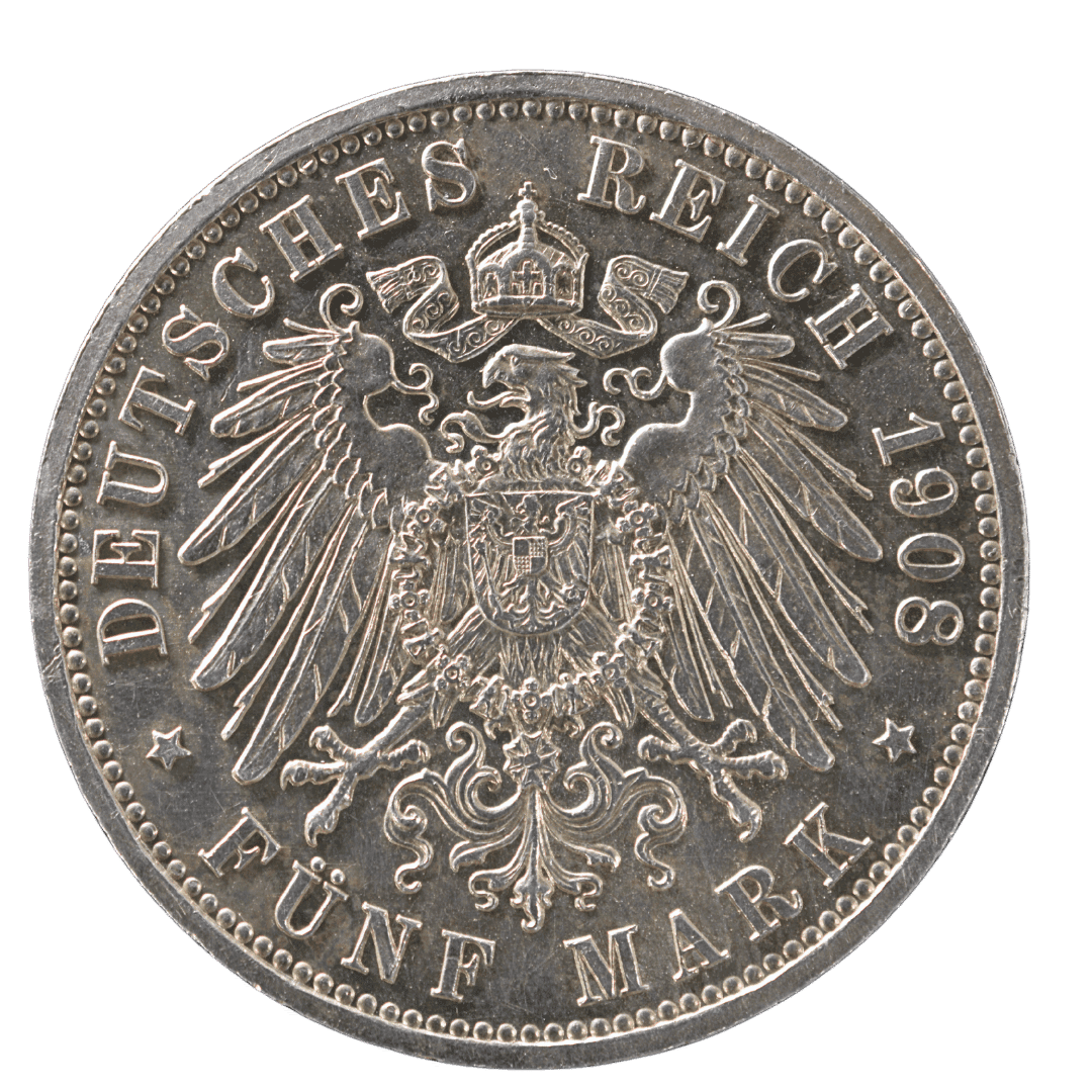 5 марок 1908 — 350-річчя Єнського університету, Саксен-Веймар-Айзенах

Опис:
Пам’ятна срібна монета Великого герцогства Саксен-Веймар-Айзенах, випущена до 350-річчя Єнського університету. На аверсі зображено засновника університету — курфюрста Йоганна Фрідріха I Великодушного з мечем.

Характеристики:
• Номінал: 5 марок
• Рік: 1908
• Держава: Німецька імперія
• Велике герцогство: Саксен-Веймар-Айзенах
• Правитель: Вільгельм Ернст
• Монетний двір: Берлін (A)
• Метал: срібло (900 проба)
• Вага: 27,777 г
• Діаметр: 38 мм
• Тираж: 40 000 шт.
• Пам’ятний випуск: 350-річчя Єнського університету  

Примітка: Пам’ятний випуск із відносно невеликим тиражем 40 000 шт. На монеті зображений Йоганн Фрідріх I Великодушний, який вважається засновником Єнського університету. До цього ж ювілею була випущена також монета номіналом 2 марки. Для цієї 5-маркової монети варто звертати увагу на знак монетного двору A та гуртовий напис GOTT MIT UNS. — фото 2