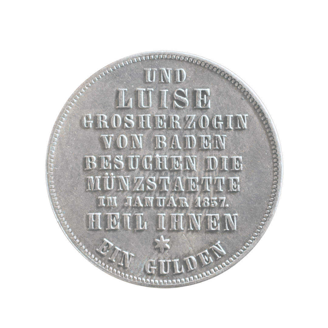 1 гульден 1857 — Баден, RRR!!!!! відвідання монетного двору великим герцогом і герцогинею

Опис:
Срібна пам’ятна монета Великого герцогства Баден, випущена з нагоди відвідання монетного двору в Карлсруе великим герцогом Фрідріхом I та великою герцогинею Луїзою в січні 1857 року. На аверсі — портрет Фрідріха I, повернутий праворуч. Напис: FRIEDRICH GROSSHERZOG VON BADEN («Фрідріх, великий герцог Баденський»). Унизу під портретом підпис медальєра VOIGT («Фойгт»). На реверсі пам’ятний напис: UND LUISE GROSSHERZOGIN VON BADEN BESUCHEN DIE MÜNZSTAETTE IM JANUAR 1857. HEIL IHNEN («І Луїза, велика герцогиня Баденська, відвідують монетний двір у січні 1857 року. Слава їм»). Унизу зазначено номінал: EIN GULDEN («Один гульден»).

Характеристики:
• Номінал: 1 гульден
• Рік: 1857
• Держава: Велике герцогство Баден
• Правитель: Фрідріх I
• Монетний двір: Карлсруе
• Медальєр: Карл Фрідріх Фойгт
• Метал: срібло
• Проба: 900
• Вага: близько 10,58 г
• Діаметр: близько 31 мм
• Чистого срібла: близько 9,52 г
• Тираж: 776 екз.  🔥🔥🔥

Примітка:
Це рідкісна та нумізматично цінна монета з дуже малим тиражем — лише 776 екземплярів. Вона належить до так званих Münzbesuchsmünzen («монет, викарбуваних з нагоди відвідання монетного двору») і становить особливий інтерес для колекціонерів німецьких держав XIX століття та монет Бадена. Через невеликий початковий тираж добре збережені екземпляри трапляються нечасто й можуть високо цінуватися; стан конкретної монети суттєво впливає на її ринкову вартість. Каталожний номер KM# 239. — фото 2
