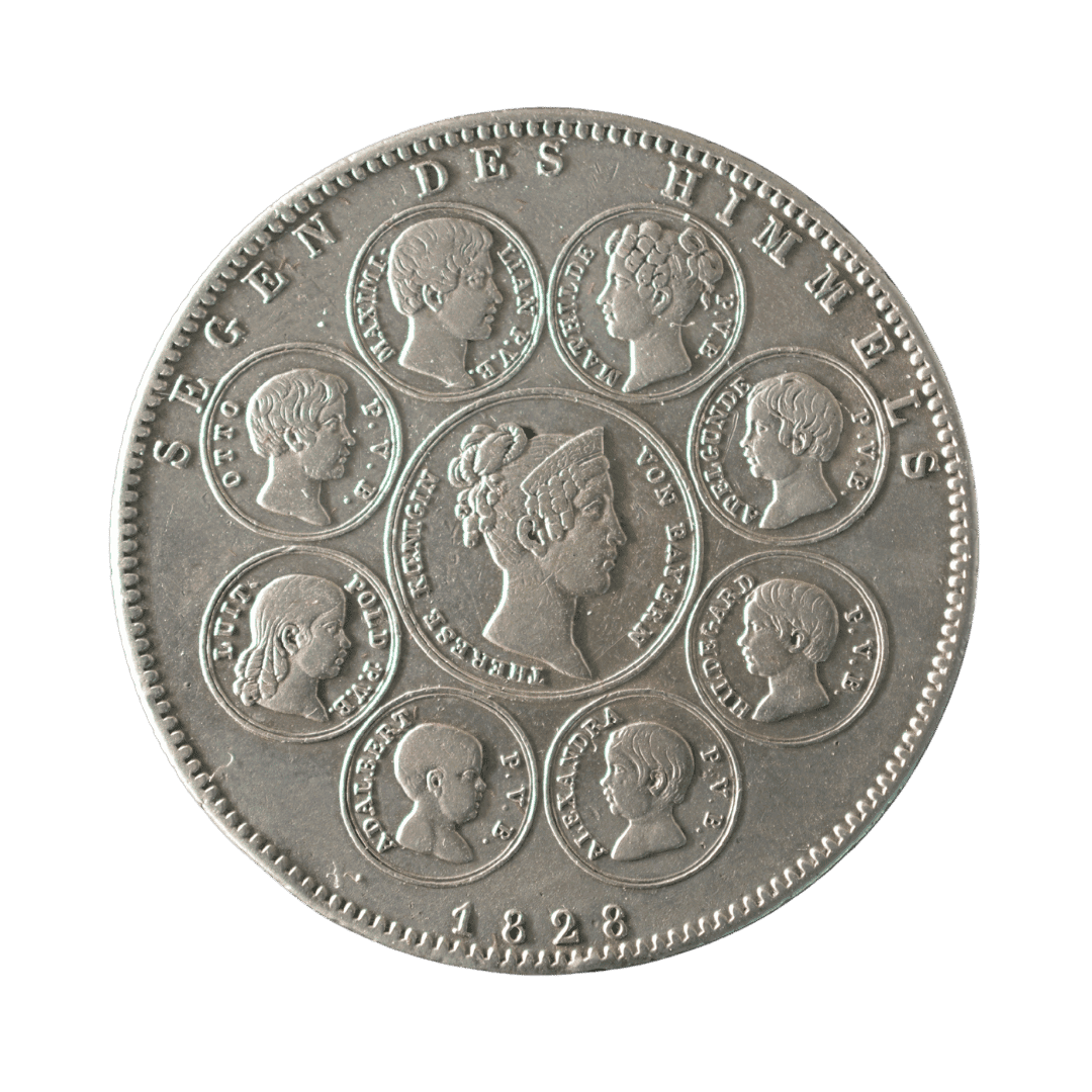 1 Конвенційний талер (Geschichtstaler «Segen des Himmels»), 1828

Королівство Баварія, Людвіг I. Тип присвячений королівській родині. На реверсі — королева Тереза в центрі та вісім дітей у медальйонах.  

⸻

Опис

На аверсі зображено портрет короля Людвіга I, обернений праворуч. Навколо напис LUDWIG I KOENIG VON BAYERN (Людвіг I, король Баварії).

На реверсі розміщено напис SEGEN DES HIMMELS (Благословення небес). У центральному медальйоні — королева Тереза, навколо неї — вісім дітей королівської родини: Максиміліан, Отто, Матильда, Адельгунде, Гільдегарда, Александра, Адальберт і Луїтпольд. Унизу дата 1828.  

Характеристики

* Номінал: 1 конвенційний талер
* Рік: 1828
* Країна: Німецькі держави
* Держава: Королівство Баварія
* Правитель: Людвіг I
* Монетний двір: Мюнхен
* Метал: Срібло (833)
* Вага: 28,06 г
* Діаметр: 37,8 мм
* Каталожні номери: KM#734, Jaeger 38, Davenport 570
* Тираж: не підтверджено авторитетними каталогами

Примітка

Монета відкриває серію баварських Geschichtstaler та присвячена королівській родині Людвіга I. Центральний медальйон із королевою Терезою символізує матір родини, а вісім навколишніх медальйонів — їхніх дітей.  

Рідкість

Нечаста. Один із найвідоміших історичних талерів Баварії, що користується високим попитом серед колекціонерів. — фото 2