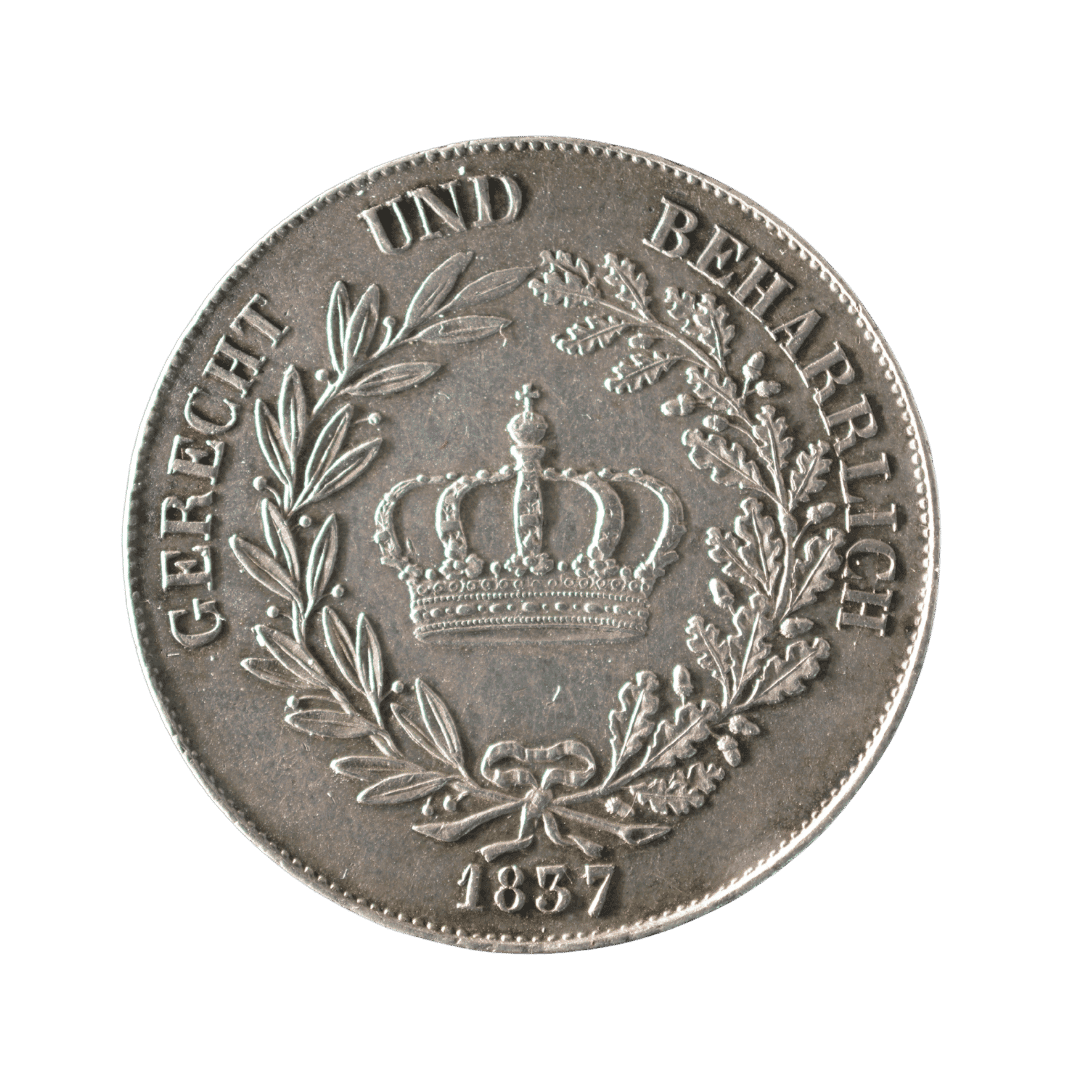 Кроненталер 1837, Людвіг I, Королівство Баварія

Опис

Срібний кроненталер Королівства Баварія, викарбуваний за правління короля Людвіга I у завершальний рік випуску цього типу.

Характеристики

* Країна: Королівство Баварія
* Правитель: Людвіг I (1825–1848)
* Номінал: 1 кроненталер
* Рік: 1837
* Монетний двір: Мюнхен
* Метал: срібло (.871)
* Вага: 29,54 г
* Діаметр: 39 мм
* Тираж: 163 730 шт.  
* Каталоги: AKS 76, Jaeger 30, KM 751.  

Написи

Аверс:
LUDWIG I KOENIG VON BAYERN
(«Людвіг I, король Баварії»)

Реверс:
GERECHT UND BEHARRLICH
(«Справедливий і наполегливий»)

Примітка

Монета є останнім роком випуску баварського кроненталера цього типу (1830–1837) і має сталий попит серед колекціонерів німецьких талерів. — фото 2