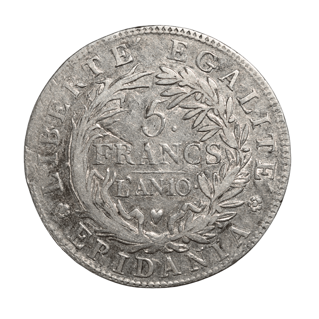 5 франків, An 10 (1801–1802) — Субальпійська республіка
Номінал: 5 франків
Дата: An 10 Французького республіканського календаря = 1801–1802
Держава-емітент: Субальпійська республіка / Субальпійська Галлія (République subalpine / Gaule subalpine), П'ємонт
Період держави: 1800–1802; столиця — Турин.
Монетний двір: Турин
Директор монетного двору: Vittorio Modesto Paroletti (1801–1802); його знак — серце під датою.
Гравер: Amedeo (Amadeo) Lavy; підпис LAVY на аверсі.
Метал: срібло
Проба: .900
Нормативна вага: 25,00 г
Діаметр: близько 37–37,5 мм
Орієнтація штемпелів: 6 h (↑↓)
Гурт: лавровий (tranche laurée).
Тираж: тут джерела суперечать одне одному: старі каталоги CGB наводять 33 000, тоді як сучасна картка CGB для KM 19/4 дає 141 194; для іншого штемпельного варіанта An 10 CGB вказує 46 740. Тому без визначення точного різновиду штемпеля одну цифру тиражу для цієї монети я не ставлю.
Каталоги: Krause KM#19/4; Davenport 197; Montenegro 10; VG 846; DP 895. — фото 2