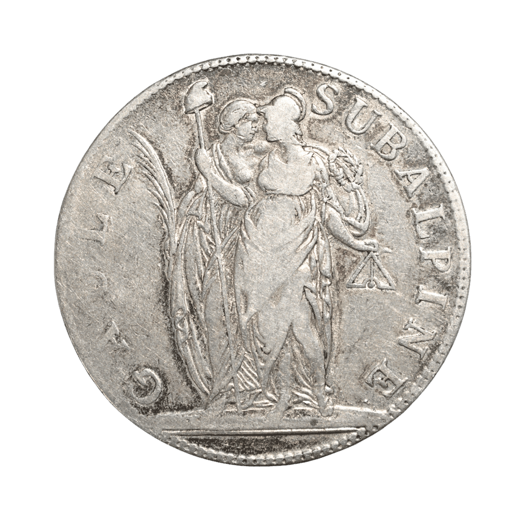 5 франків, An 10 (1801–1802) — Субальпійська республіка
Номінал: 5 франків
Дата: An 10 Французького республіканського календаря = 1801–1802
Держава-емітент: Субальпійська республіка / Субальпійська Галлія (République subalpine / Gaule subalpine), П'ємонт
Період держави: 1800–1802; столиця — Турин.
Монетний двір: Турин
Директор монетного двору: Vittorio Modesto Paroletti (1801–1802); його знак — серце під датою.
Гравер: Amedeo (Amadeo) Lavy; підпис LAVY на аверсі.
Метал: срібло
Проба: .900
Нормативна вага: 25,00 г
Діаметр: близько 37–37,5 мм
Орієнтація штемпелів: 6 h (↑↓)
Гурт: лавровий (tranche laurée).
Тираж: тут джерела суперечать одне одному: старі каталоги CGB наводять 33 000, тоді як сучасна картка CGB для KM 19/4 дає 141 194; для іншого штемпельного варіанта An 10 CGB вказує 46 740. Тому без визначення точного різновиду штемпеля одну цифру тиражу для цієї монети я не ставлю.
Каталоги: Krause KM#19/4; Davenport 197; Montenegro 10; VG 846; DP 895.