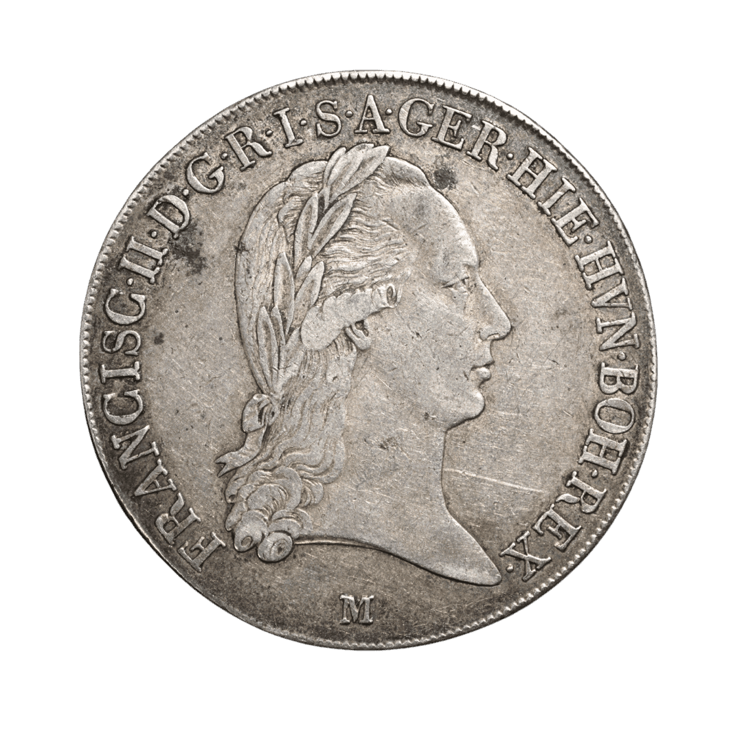 ITALIAN STATES — MILAN / 1 кроненталер — Milan
Кроненталер 1800 M — Франц II, Милан
Номинал: 1 кроненталер (Kronentaler / Crocione)
Год: 1800
Государство-эмитент: Габсбургская монархия — Миланское герцогство
Правитель: Франц II, император Священной Римской империи
Монетный двор: Милан
Знак двора: M под портретом
Металл / проба: серебро .873
Вес: нормативно 29,44 г; у подтверждённого экземпляра Künker — 29,40 г
Диаметр: около 39–41 мм
Ориентация: монетная ↑↓
Гурт: существует два варианта 1800 M: LEGE ET FIDE и IUSTITIA ET FIDE. По фотографиям сторон определить вариант гурта нельзя.
Тираж: достоверная цифра не подтверждена. Недостатньо даних для достовірного визначення. Інформацію необхідно перевірити.
Каталоги: Davenport 1390; Jäger 134b; KM#246; для разновидностей 1800 M — MIR Milano 476/2 и 476/3