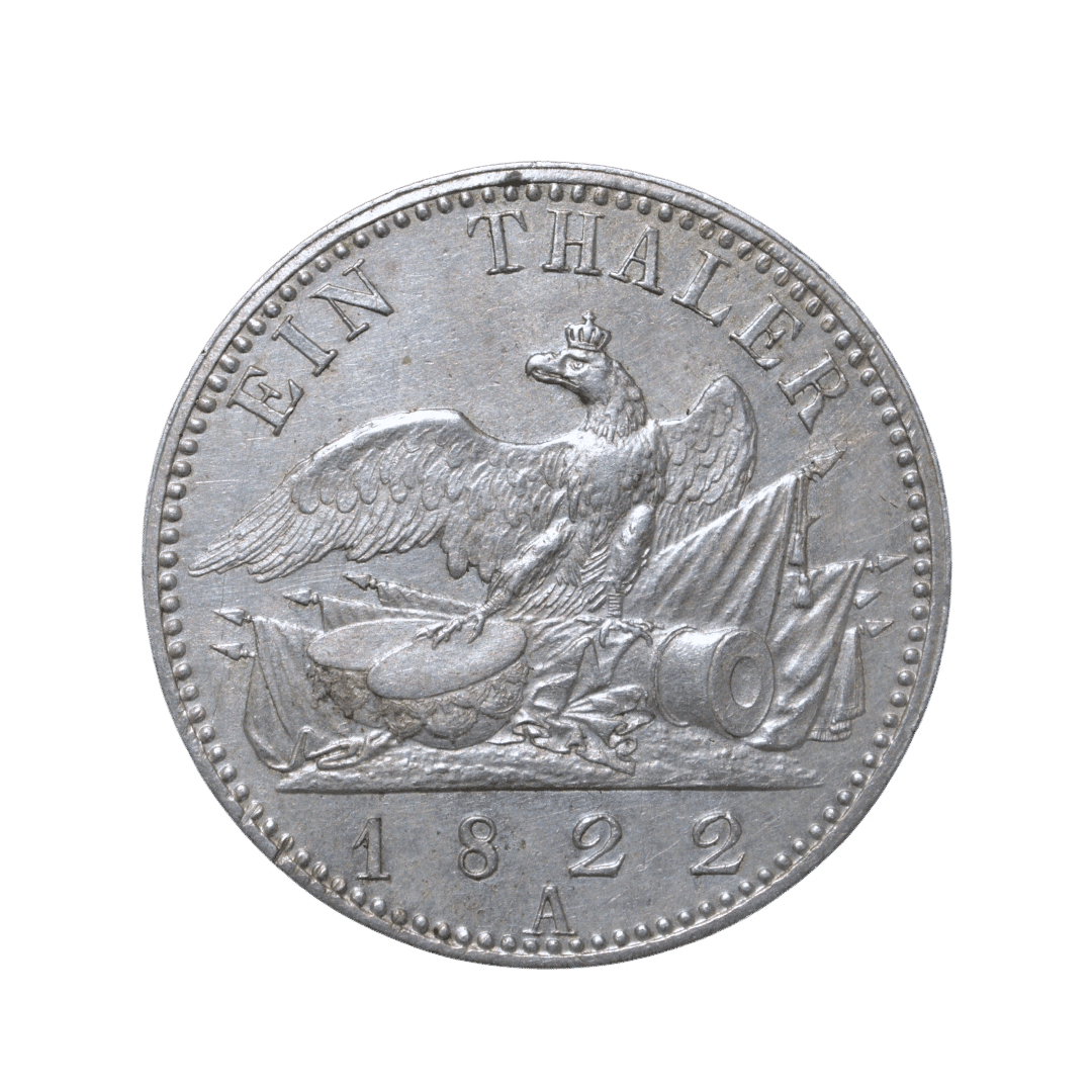 Страна / Эмитент: Королевство Пруссия (Königreich Preußen)

Номинал: 1 Талер (Ein Thaler)

Год: 1822

Правитель: Фридрих Вильгельм III (Friedrich Wilhelm III, 1797–1840)

Материал: Серебро 750-й пробы

Вес нормативный: ~22.27 г

Диаметр: ~34.0 мм

Монетный двор: Берлин (обозначение A)

Тираж: ~2 524 000 шт.

Референсы: KM# 389, AKS #15, Davenport #756, Olding #33

Описание внешнего вида и легенд
Аверс: Бюст короля Фридриха Вильгельма III в мундире, обращенный влево. По кругу идёт легенда: FRIEDR. WILHELM III KOENIG VON PREUSSEN (Фридрих Вильгельм III, король Пруссии).

Реверс: Прусский коронованный орёл, восседающий на военных трофеях (барабаны, пушка, знамёна и пики). Наверху расположена надпись: EIN THALER. Внизу под обрезом указан год чеканки 1822 и знак монетного двора A (Берлин). — фото 2