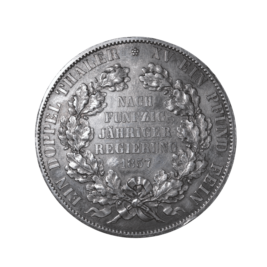 * Номинал: 2 талера (Doppeltaler)
* Год: 1857
* Государство: княжество Шаумбург-Липпе
* Правитель: Георг Вильгельм, 1807–1860
* Повод: 50-летие его правления
* Монетный двор: Ганновер
* Знак: B, связанный с минцмейстером Теодором Вильгельмом Брюэлем
* Гравёр: Heinrich Friedrich Brehmer
* Серебро: 900
* Вес: около 37,04 г
* Диаметр: около 41 мм
* Тираж: всего 2 000 штук
* Гурт: MITT GOTTES HÜLFE — фото 2