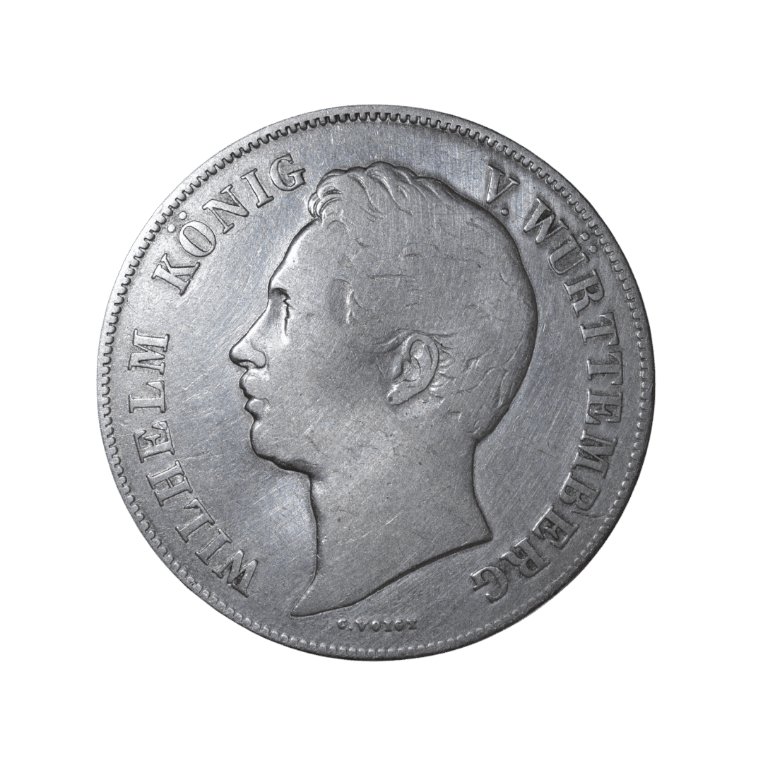 Вюртемберг, 1850, Вильгельм I. Вюртемберг✅
Тип: 2 гульдена, Королевство Вюртемберг, серебро
Основные характеристики:
— Страна: Королевство Вюртемберг
— Номинал: 2 Gulden (Zwey Gulden)
— Год: 1850
— Правитель: Вильгельм I (Wilhelm I, 1816–1864)
— Материал: Серебро 900/1000
— Вес: 21.21 г
— Диаметр: 36 мм
— Монетный двор: Stuttgart
— Тираж: 280 000 шт.
На что обратить внимание:
Портрет работы гравёра C. Voigt. На реверсе девиз «Furchtlos und Trew».