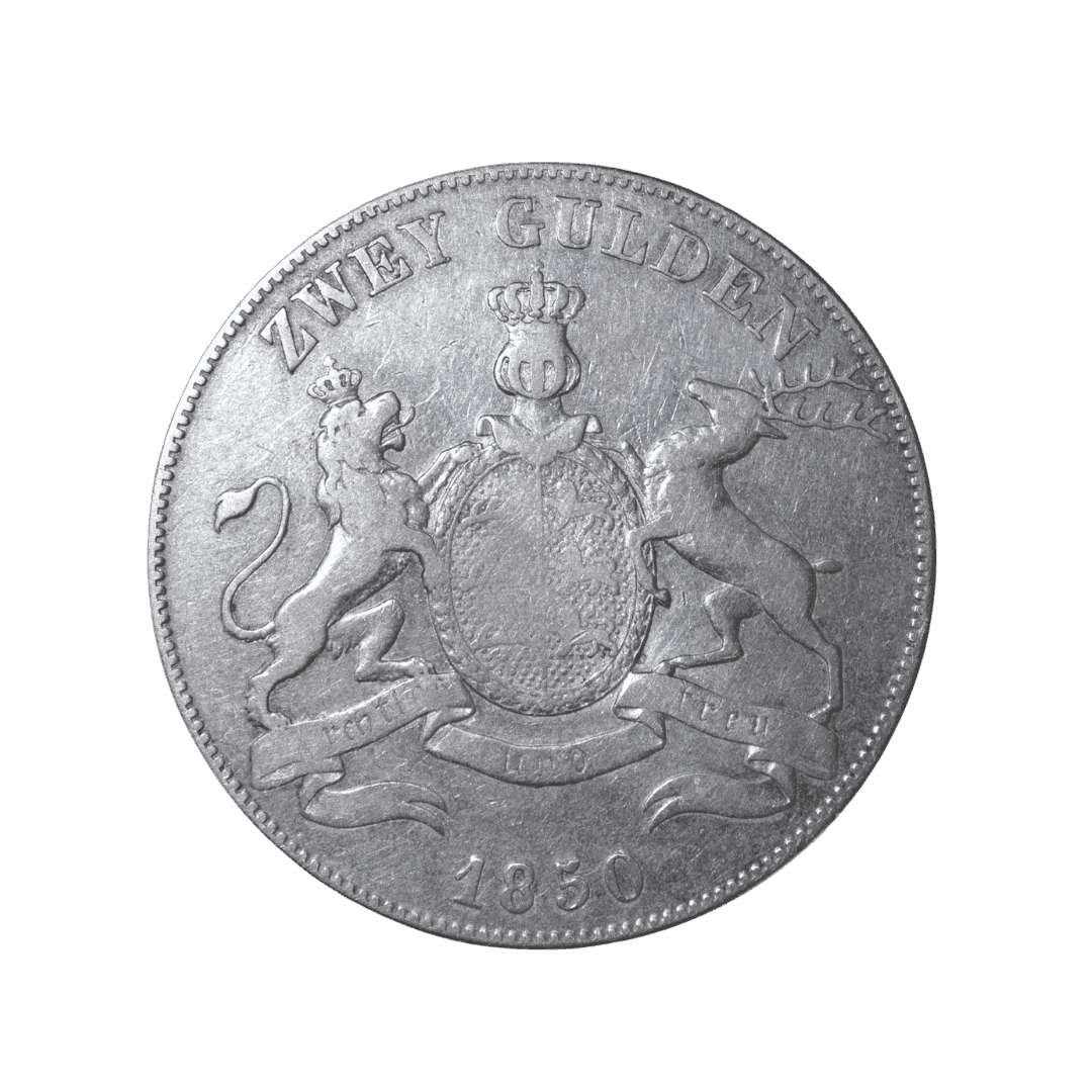 Вюртемберг, 1850, Вильгельм I. Вюртемберг✅
Тип: 2 гульдена, Королевство Вюртемберг, серебро
Основные характеристики:
— Страна: Королевство Вюртемберг
— Номинал: 2 Gulden (Zwey Gulden)
— Год: 1850
— Правитель: Вильгельм I (Wilhelm I, 1816–1864)
— Материал: Серебро 900/1000
— Вес: 21.21 г
— Диаметр: 36 мм
— Монетный двор: Stuttgart
— Тираж: 280 000 шт.
На что обратить внимание:
Портрет работы гравёра C. Voigt. На реверсе девиз «Furchtlos und Trew». — фото 2