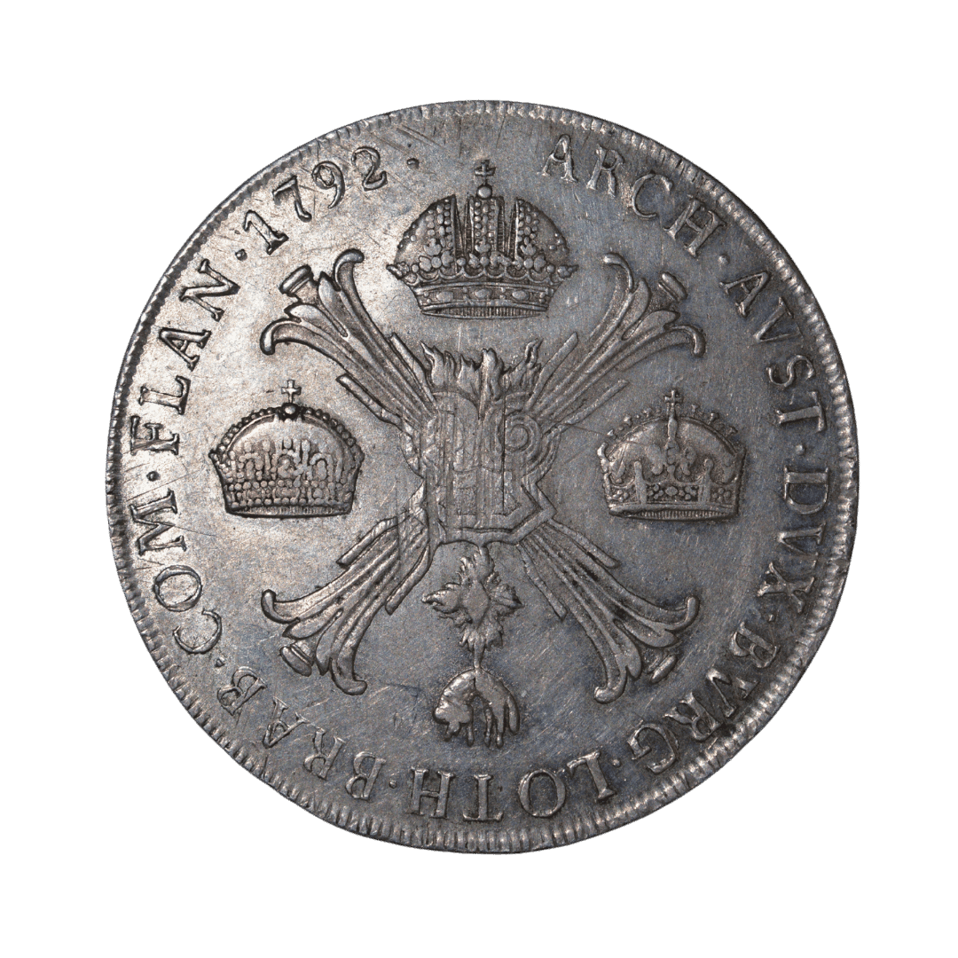 1 Kronenthaler (Crocione), 1792, Леопольд II. МД — M = Milano (Милан) ✅
Тип: Кроненталер, Австрийские Нидерланды / Габсбурги, серебро
Основные характеристики:
— Страна: Австрийские Нидерланды (Brabant) / Милан
— Номинал: 1 Kronenthaler / Couronne
— Год: 1792
— Правитель: Леопольд II (1790–1792)
— Материал: Серебро 873/1000
— Вес: 29.44 г
— Диаметр: ~40–41 мм
— Монетный двор: M = Milano — фото 2