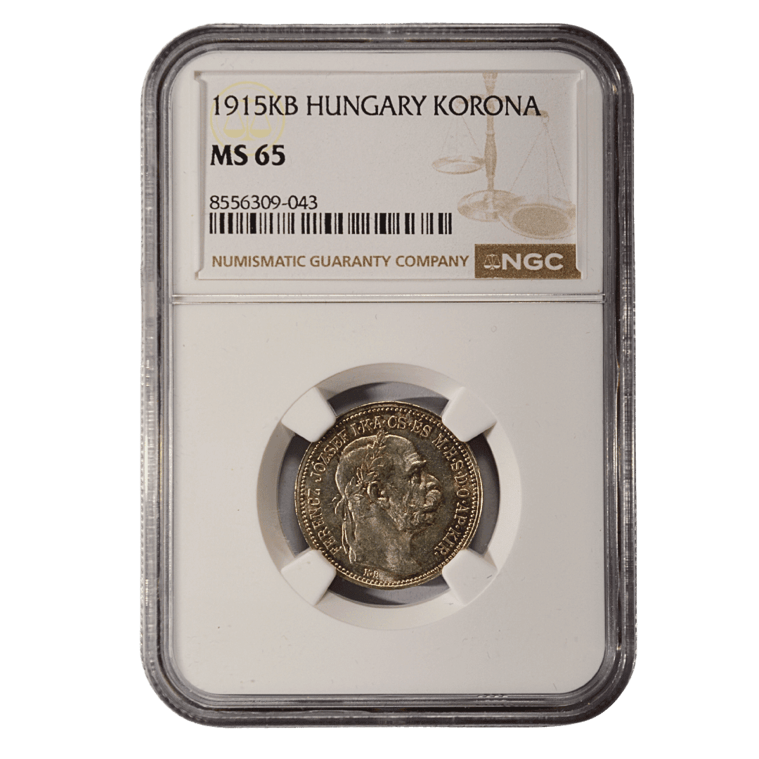 Hungary 1 Korona 1915 KB NGC MS65

1 корона 1915 KB — Франц Йосиф I

Опис:
Срібна монета Угорського королівства із портретом Франца Йосифа I. На реверсі — Свята корона Угорщини в орнаментальному вінку.

Характеристики:

* Країна: Угорщина
* Держава: Угорське королівство
* Номінал: 1 корона
* Рік: 1915
* Монетний двір: Кремниця
* Позначення: KB
* Метал: срібло (835)
* Вага: 5,00 г
* Діаметр: 23 мм
* Тираж: 3 934 000 шт.
* Грейд: NGC MS 65
* NGC Population MS 65: не підтверджено

Написи:
FERENCZ JÓZSEF I K. A. CS. ÉS M. H. S. D. O. AP. KIR. K. B. — титулатура Франца Йосифа I.
1 KORONA 1915 — «1 корона 1915».
BIZALMAM AZ ŐSI ERÉNYBEN — «Я довіряю давній чесноті».

Примітка:
Тираж випуску 1915 KB становить 3 934 000 шт. Монетний двір — Кремниця (KB).  

Щодо Population MS 65: NGC підтверджує цей тип і має зафіксовані продажі монет у MS65, але актуальне число саме NGC MS65 Population у доступному Census зараз не відображається. Тому, як ми домовилися, цифру не вигадую.