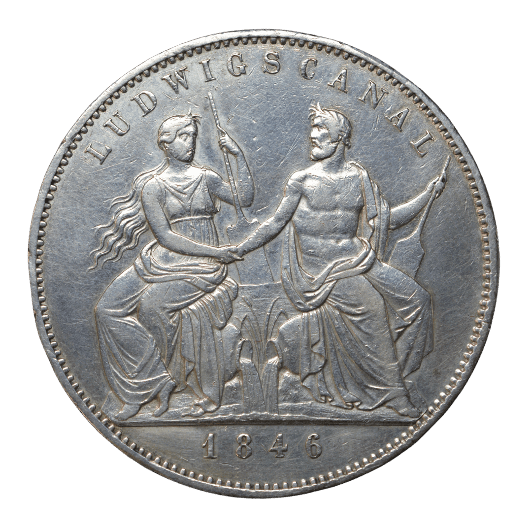 2 талери / 3½ гульдена 1846 «Ludwigskanal» — Королівство Баварія

Характеристики

Номінал: 2 талери / 3½ гульдена (Geschichtsdoppeltaler)
Рік: 1846
Країна (держава-емітент): Королівство Баварія
Правитель: Людвіг I (1825–1848)
Монетний двір: Мюнхен
Позначка монетного двору: відсутня
Мінцмейстер / гравер: Карл Фрідріх Фойгт (C. VOIGT), медальєр і різьбяр штемпелів
Метал: срібло
Проба: .900
Вага: 37,12 г нормативна; музейні екземпляри — 37,05–37,09 г
Діаметр: близько 38 мм
Товщина: Недостатньо даних для достовірного визначення. Інформацію необхідно перевірити.
Орієнтація штемпелів: медальна, 0° (12 h)
Гурт: напис «DREY – EINHALB GULDEN … VII E. F. M. …»; відомі варіанти гуртового напису.
Тираж: Недостатньо даних для достовірного визначення. Інформацію необхідно перевірити.
Рідкість: колекційний історичний подвійний талер
AKS 109 — фото 2